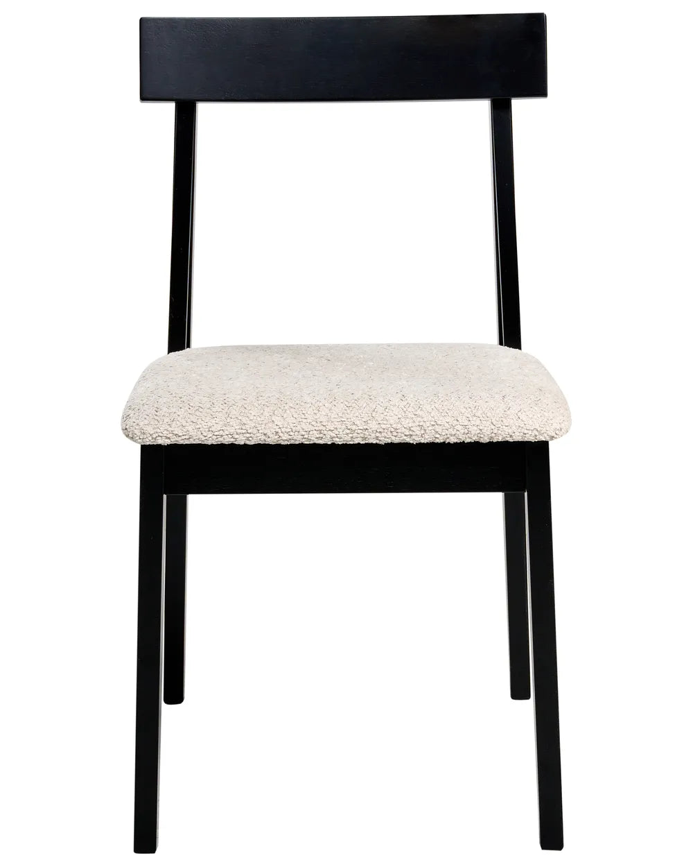 Black wooden dining chair with a minimalist straight backrest and soft cream bouclé upholstered seat on a white background.