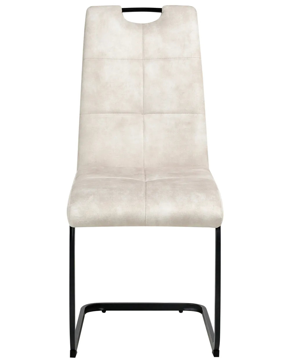 Upholstered dining chair in light beige with a high backrest, subtle stitched detailing, integrated handle, and black cantilever metal base.