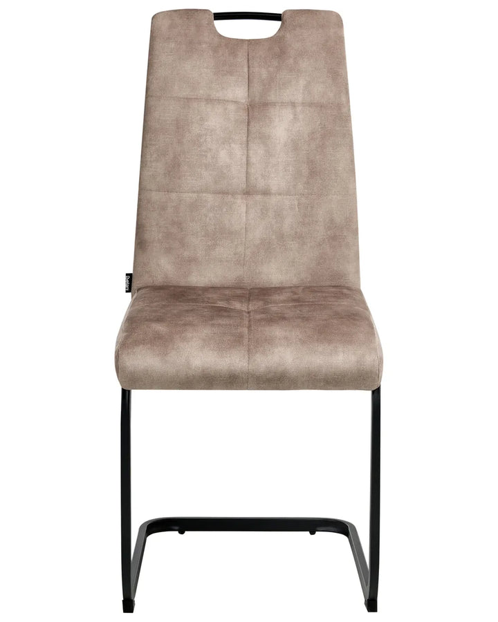 Taupe upholstered dining chair with a high backrest, integrated handle detail, and sturdy black cantilever metal frame.
