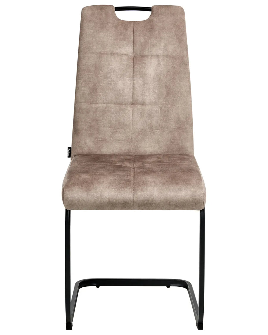Taupe upholstered dining chair with a high backrest, integrated handle detail, and sturdy black cantilever metal frame.