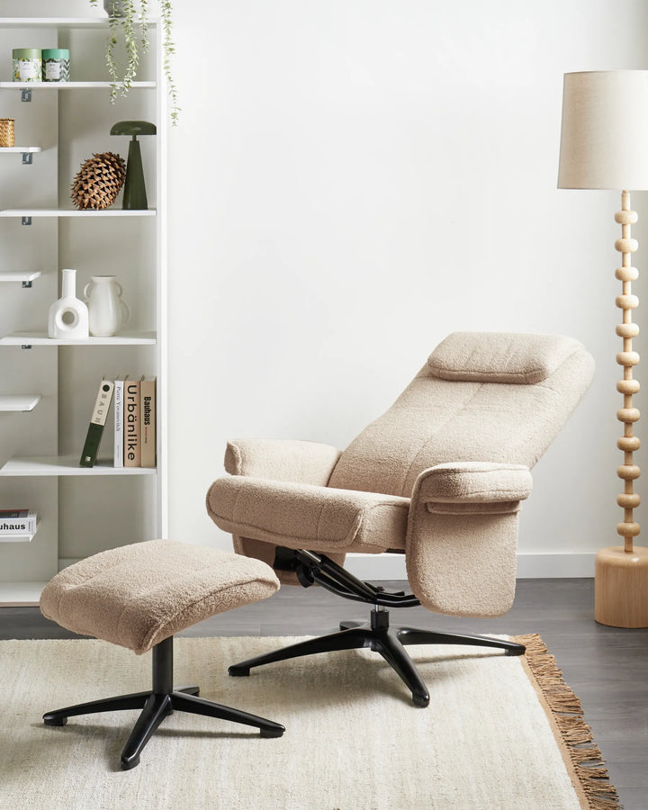 Beige recliner chair with ottoman in a modern living room setting.