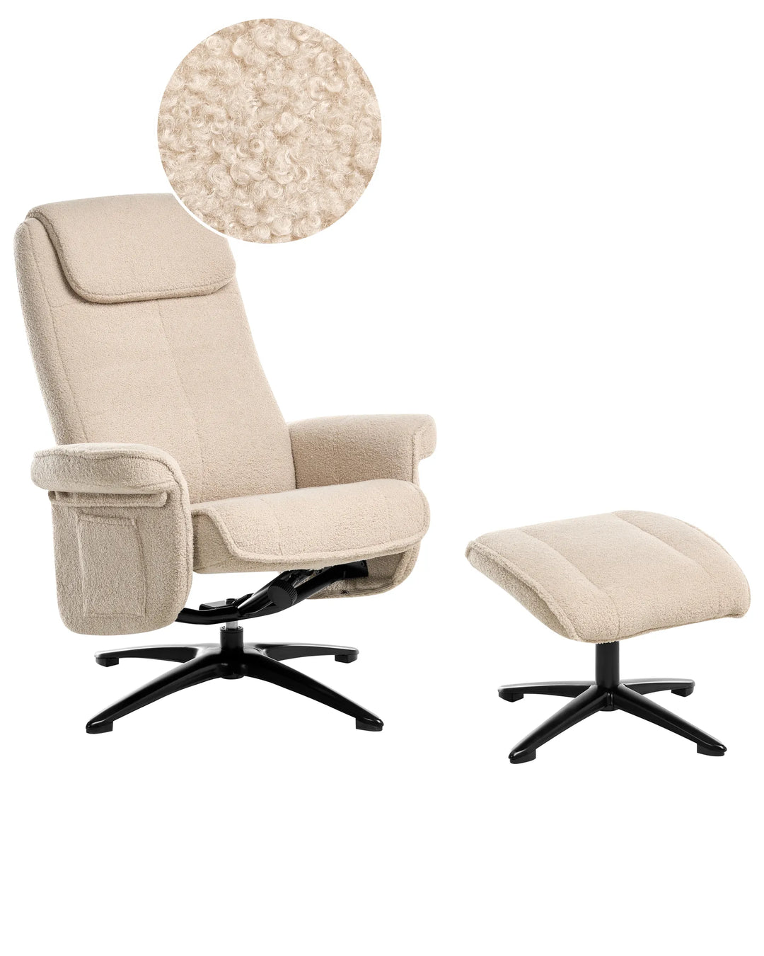 Beige recliner chair with ottoman on a white background