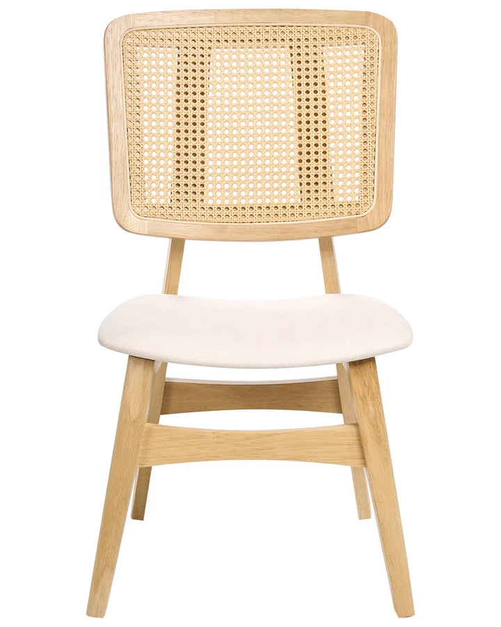 Modern dining chair featuring a solid wood frame in a light oak finish, complemented by a woven rattan cane backrest and a softly upholstered seat in a neutral beige fabric. The gently curved frame and organic materials create a harmonious blend of comfort, durability, and contemporary design, making it a versatile addition to a variety of dining interiors.