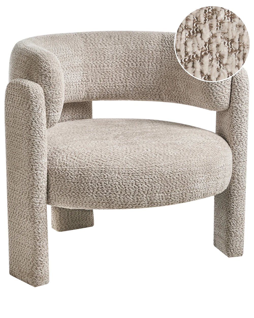 Beige textured armchair with close-up of fabric texture on a white background