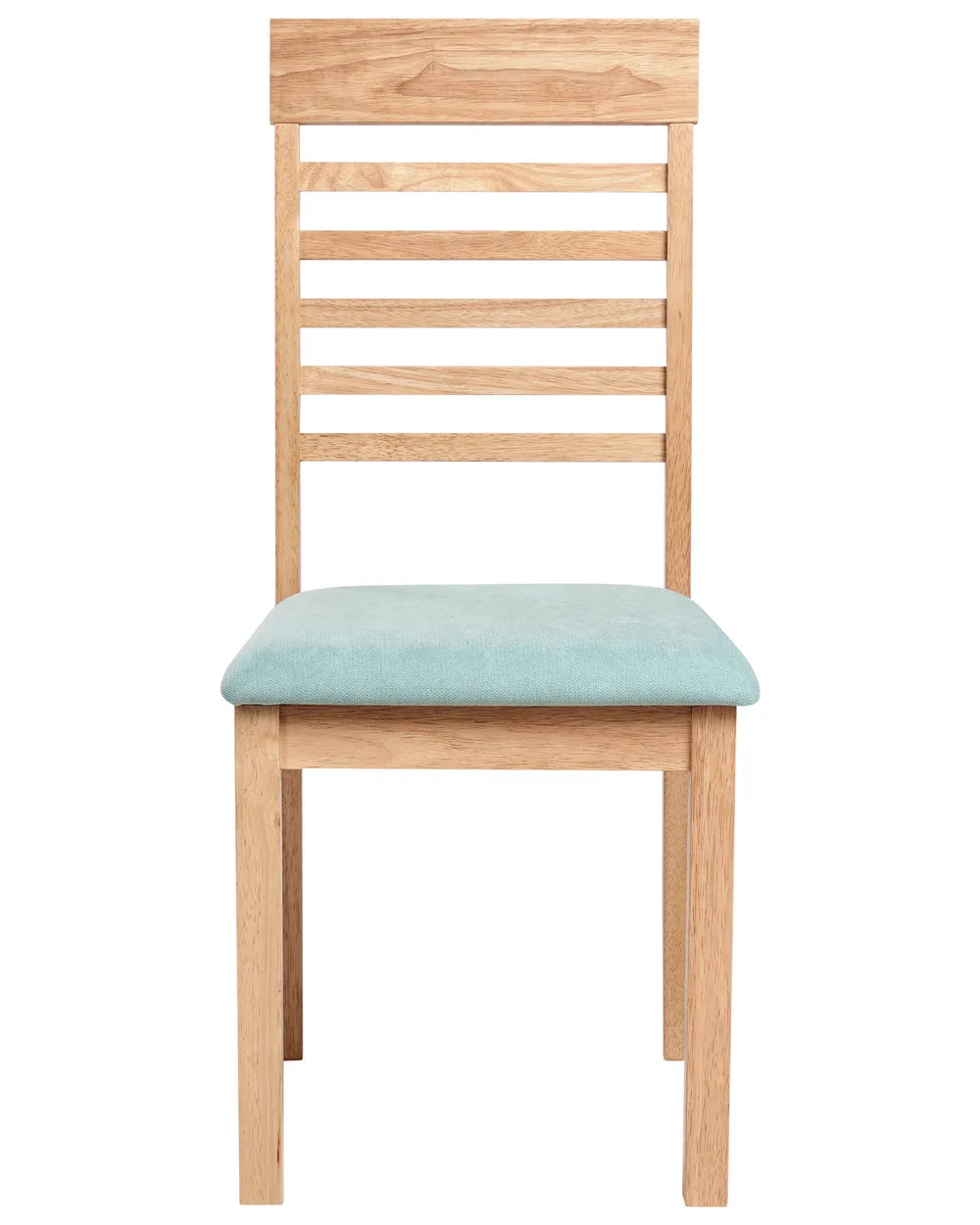 Contemporary dining chair crafted from solid wood with a natural oak finish, featuring a tall ladder-back design and a padded seat upholstered in a soft sage-green fabric. The clean lines and supportive silhouette offer both comfort and timeless style, making it a versatile choice for everyday dining.