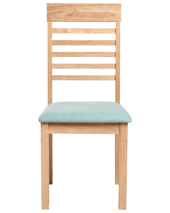 Contemporary dining chair crafted from solid wood with a natural oak finish, featuring a tall ladder-back design and a padded seat upholstered in a soft sage-green fabric. The clean lines and supportive silhouette offer both comfort and timeless style, making it a versatile choice for everyday dining.