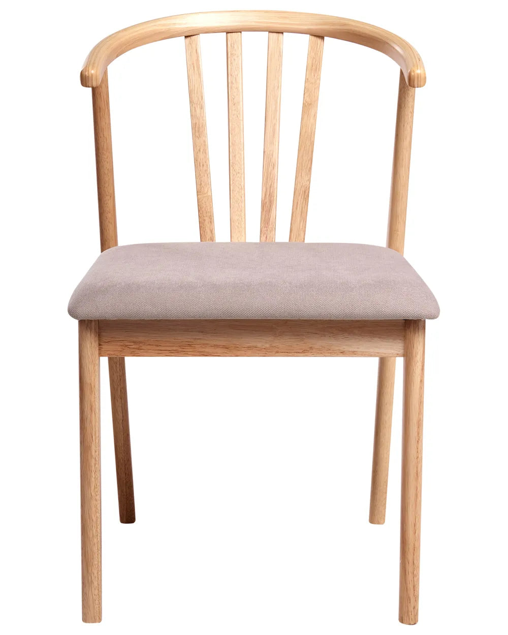 Light wood dining chair with curved backrest and taupe upholstered seat on a white background.