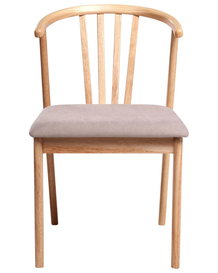 Light wood dining chair with curved backrest and taupe upholstered seat on a white background.
