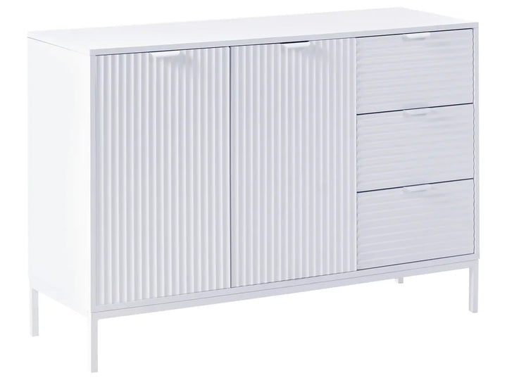 White dresser with horizontal slat design on a white background