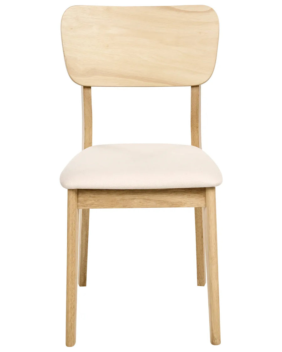 Light oak dining chair with a softly curved wooden backrest, cushioned cream seat, and clean minimalist lines, offering a warm Scandinavian-inspired look for modern dining spaces.