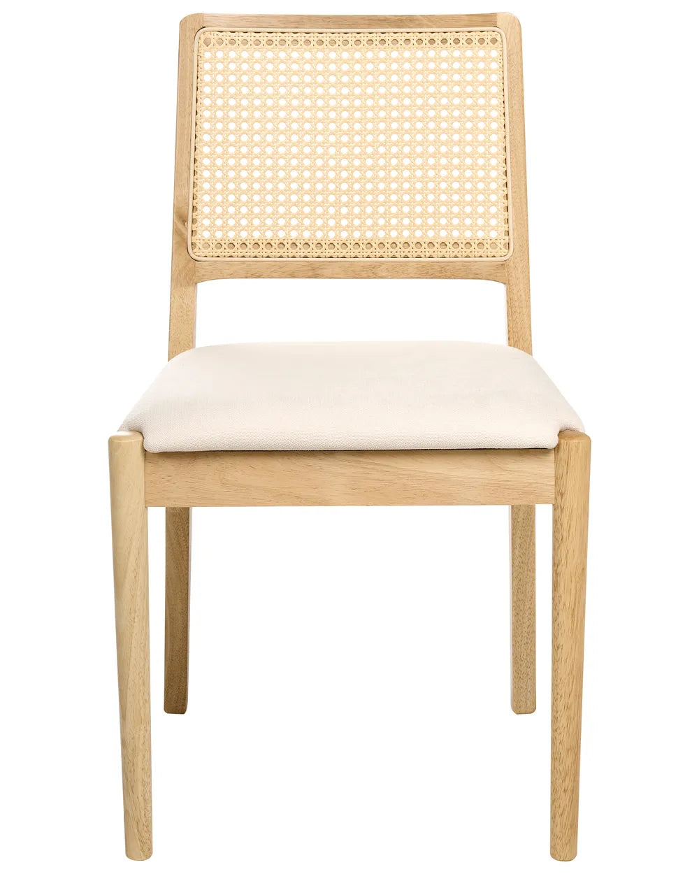 Light wood dining chair featuring a woven cane backrest and soft upholstered seat, blending natural textures with clean lines for a timeless Scandinavian and coastal-inspired look.
