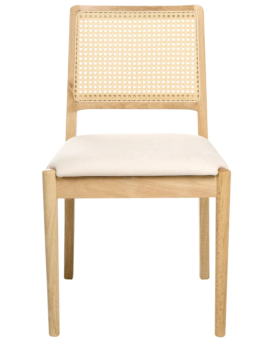 Light wood dining chair featuring a woven cane backrest and soft upholstered seat, blending natural textures with clean lines for a timeless Scandinavian and coastal-inspired look.