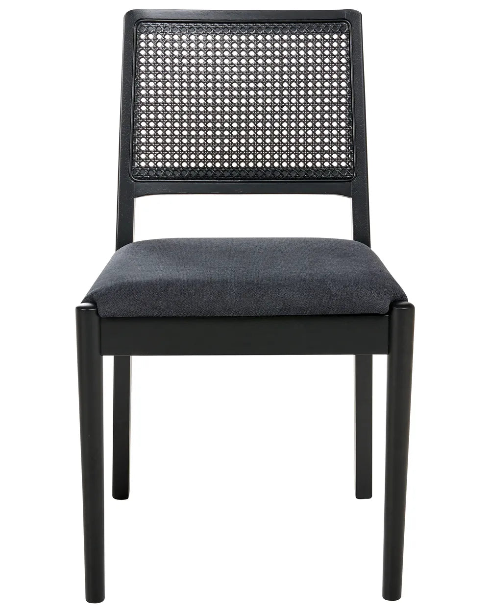 Black dining chair with a woven cane backrest and plush upholstered seat, combining sleek modern lines with timeless natural texture for an elegant, contemporary look.