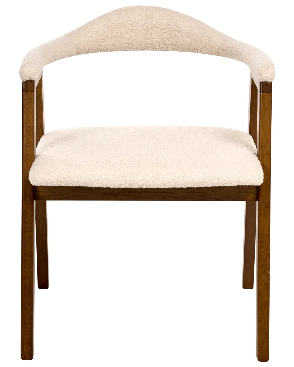 Dark wood accent chair with cream boucle upholstery and curved armrests on a white background.