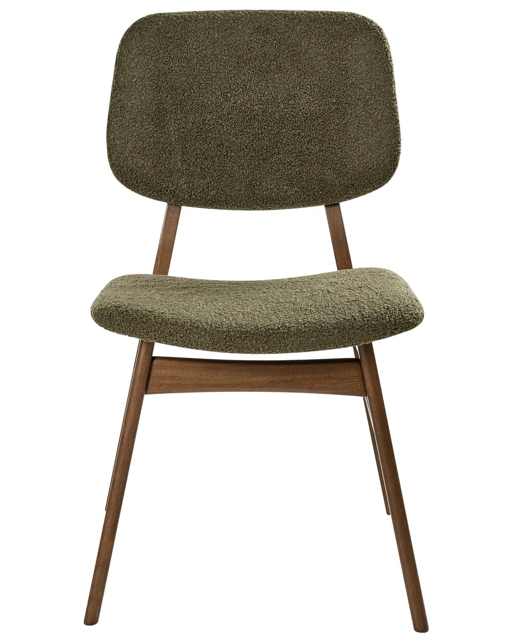 Olive green bouclé dining chair with a softly curved backrest, padded seat, and walnut-finish wooden frame, blending comfort with retro-inspired style.
