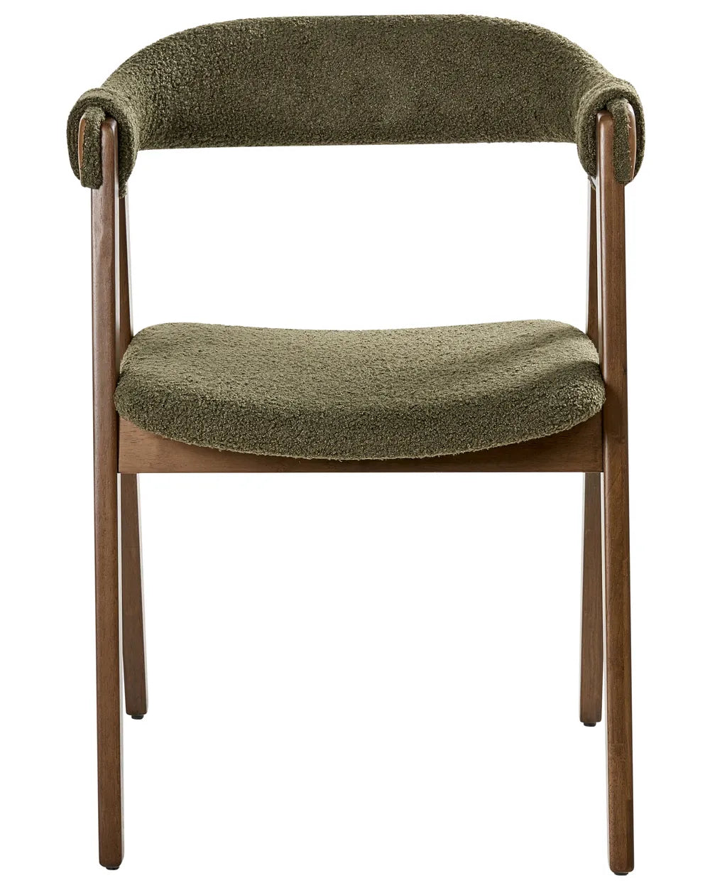 Olive green bouclé dining chair with a curved wraparound backrest, padded seat, and rich walnut-finish wooden frame.