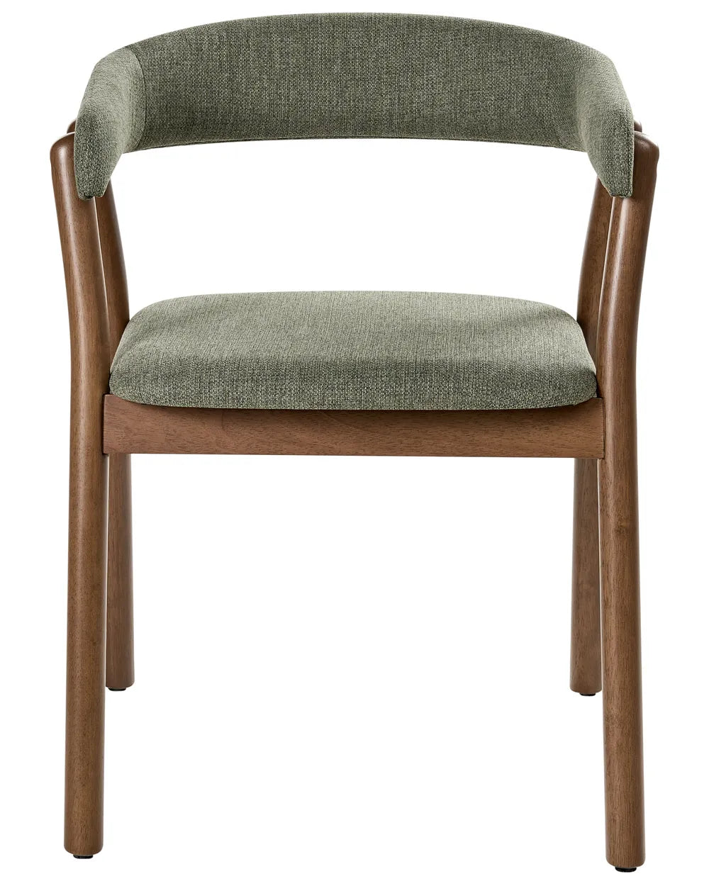 Dining chair with a curved upholstered backrest, cushioned seat, and solid wood frame in a warm walnut finish.