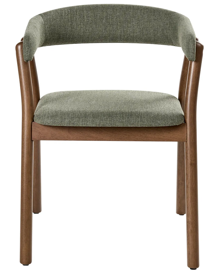 Dining chair with a curved upholstered backrest, cushioned seat, and solid wood frame in a warm walnut finish.