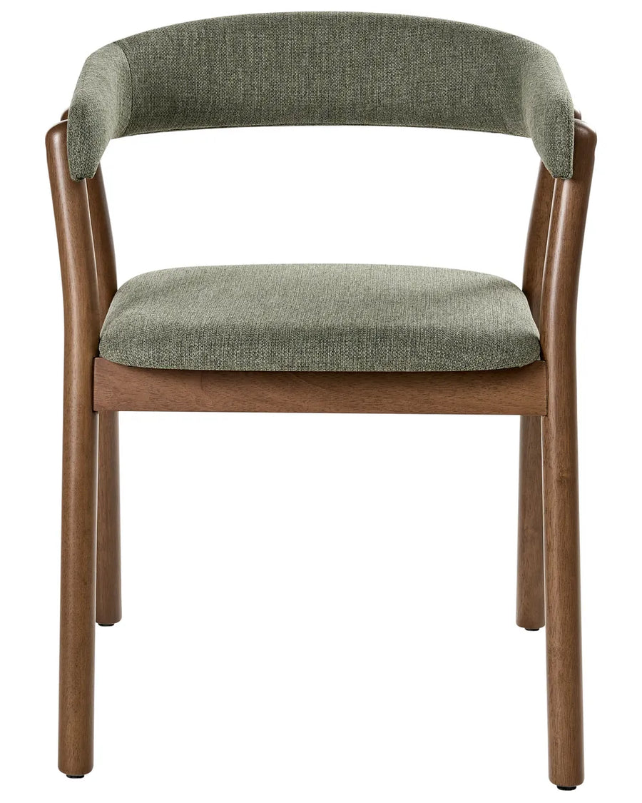 Dining chair with a curved upholstered backrest, cushioned seat, and solid wood frame in a warm walnut finish.