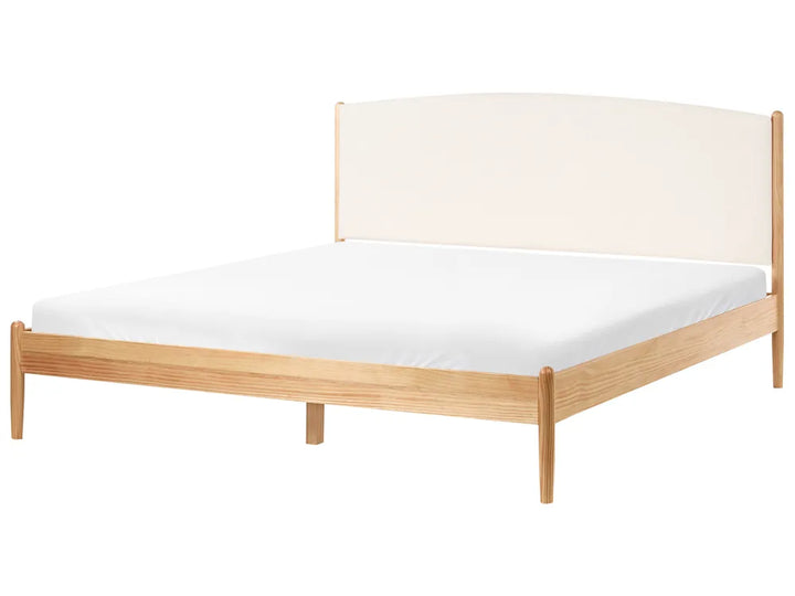 Wooden bed frame with white mattress 