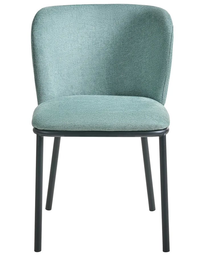Mint green upholstered dining chair with a curved backrest, padded seat, and black metal legs for a fresh modern look.