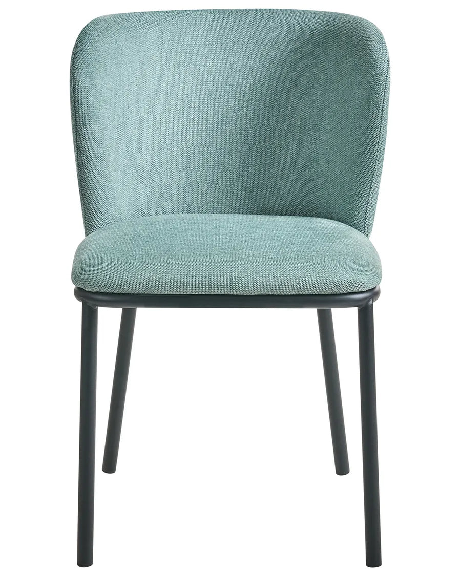 Mint green upholstered dining chair with a curved backrest, padded seat, and black metal legs for a fresh modern look.