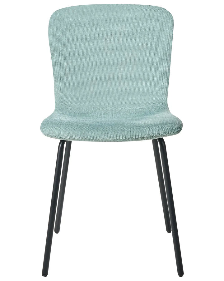 Mint green fabric dining chair with a curved backrest and black metal legs.