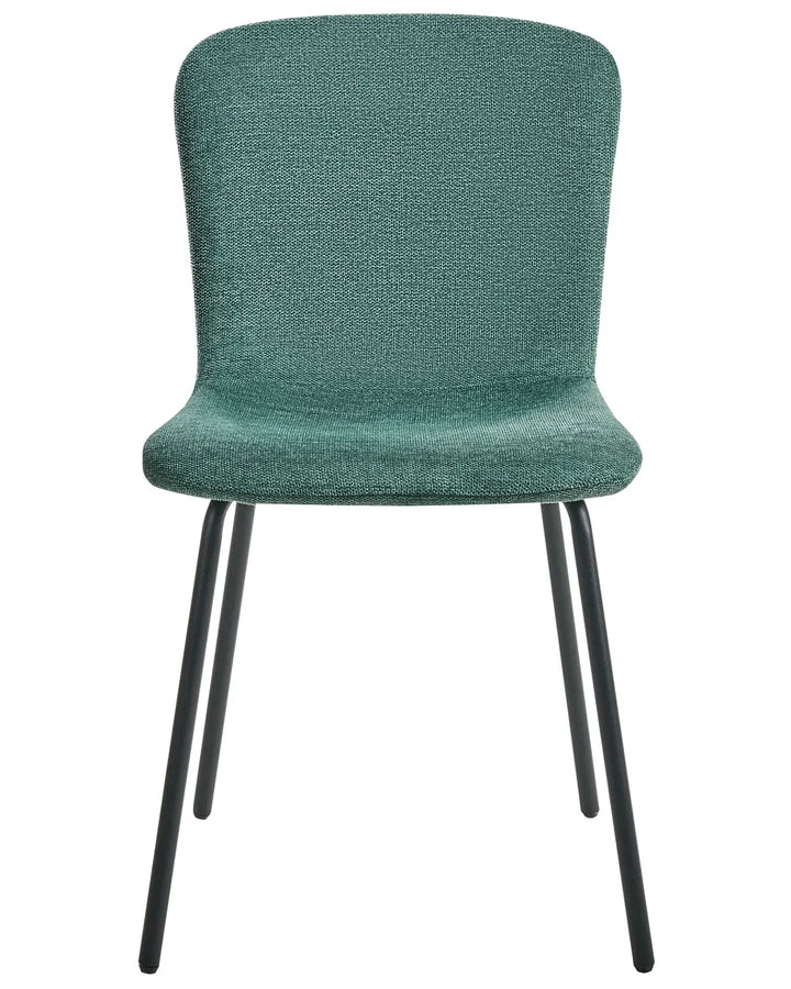 Green fabric dining chair with a curved backrest and black metal legs.