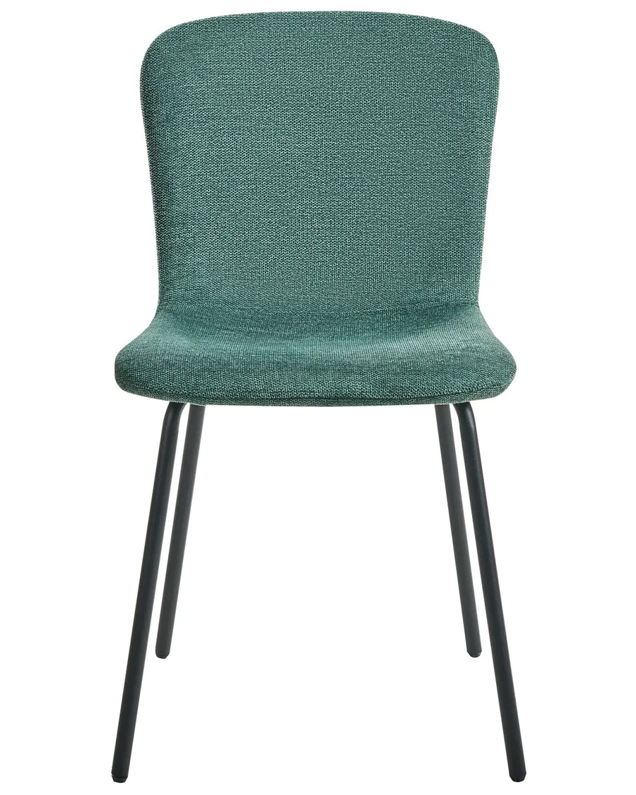 Green fabric dining chair with a curved backrest and black metal legs.