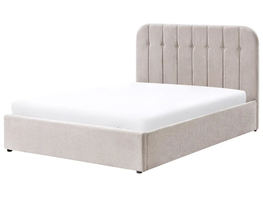 Beige upholstered bed with tufted headboard on a white background