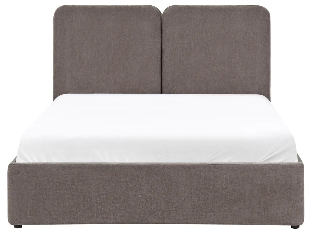 Gray upholstered bed with white mattress 