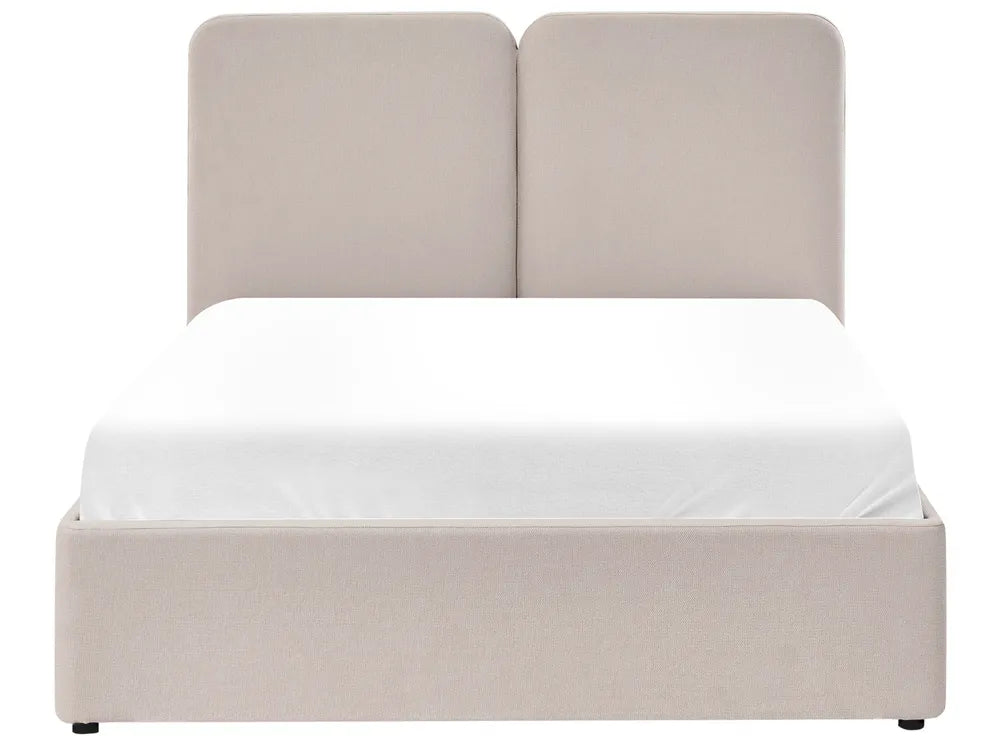 Beige upholstered bed with white mattress 