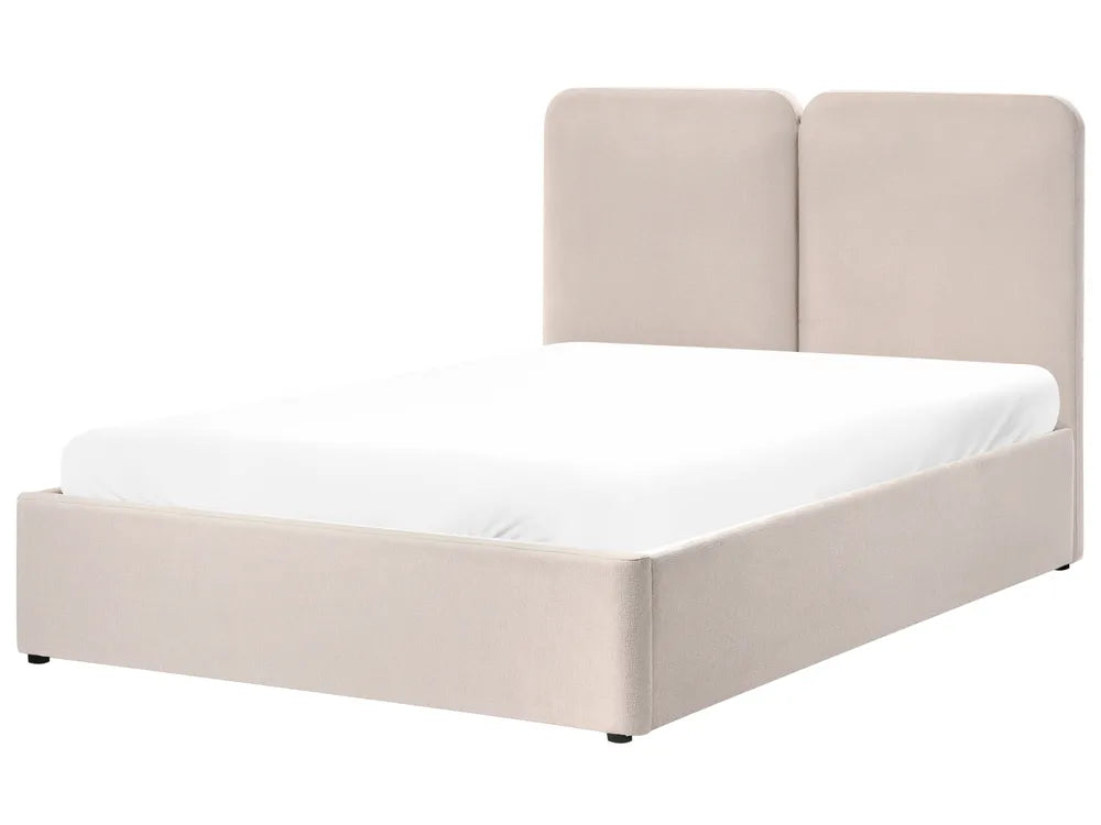 Beige upholstered bed with white mattress 