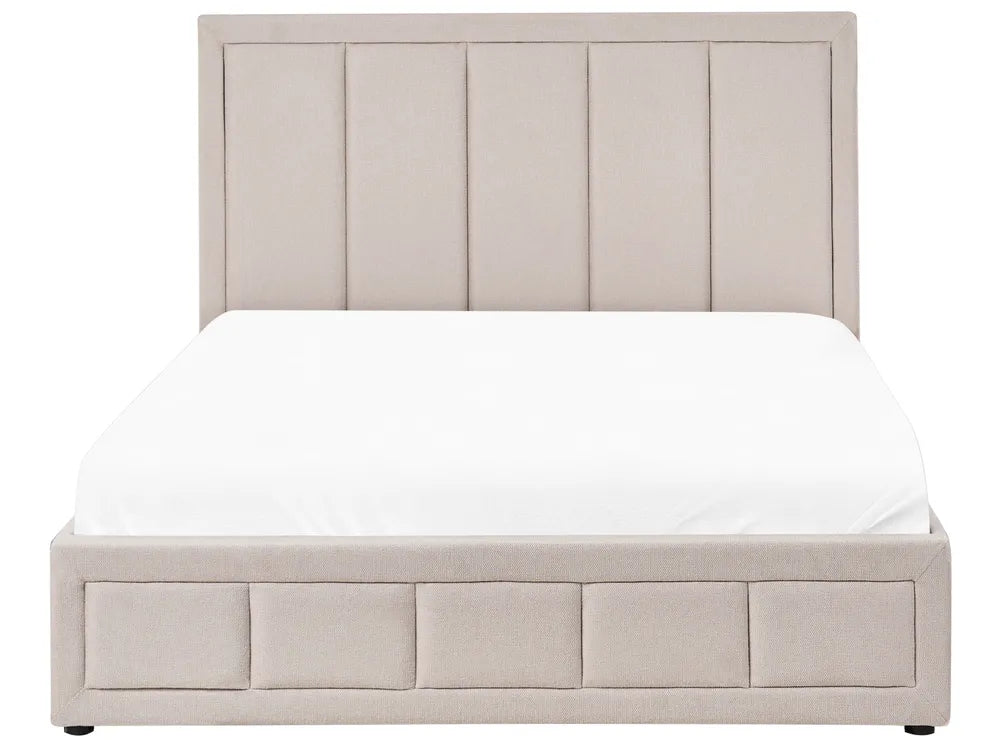 Beige upholstered bed with white mattress on a white background