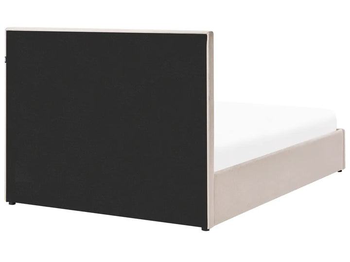 Bed frame with black headboard and beige base on a white background
