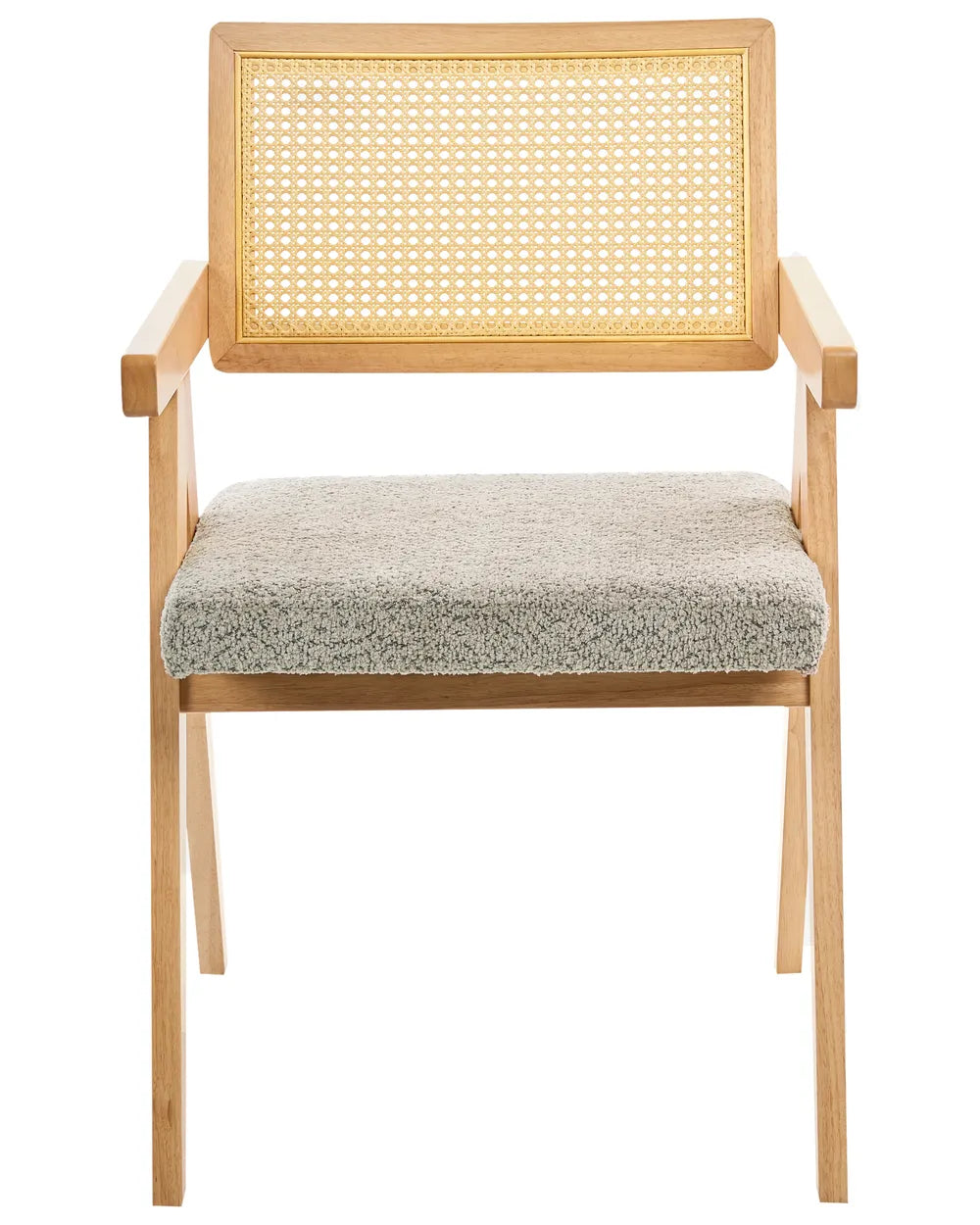 Light wood dining chair with woven cane backrest and grey boucle upholstered seat on a white background.