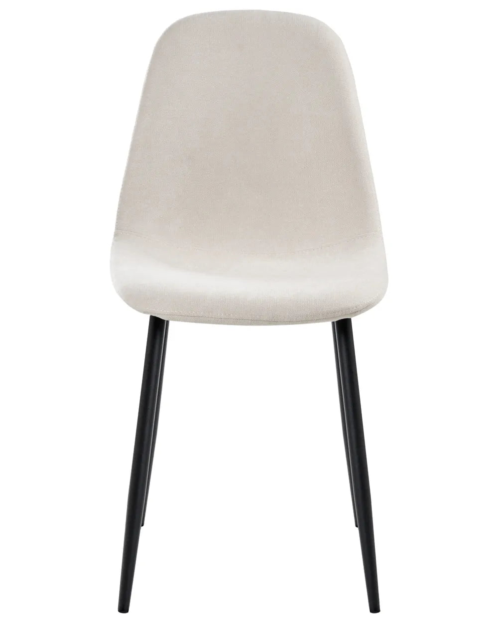 Light beige upholstered dining chair with a gently curved backrest, padded seat, and slim black metal legs, offering a sleek, contemporary look with lasting comfort.