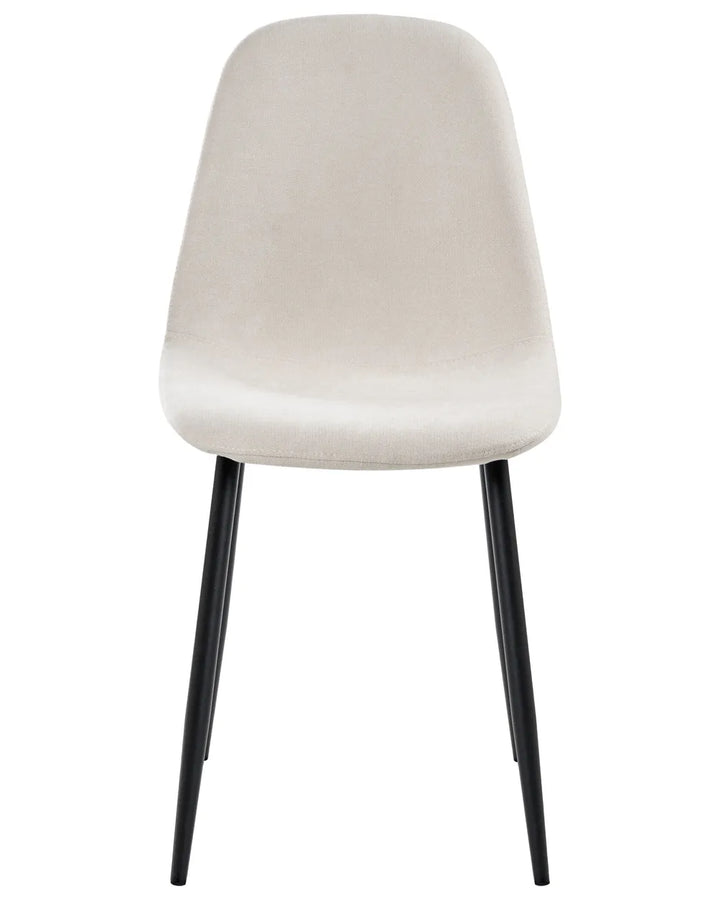 Light beige upholstered dining chair with a gently curved backrest, padded seat, and slim black metal legs, offering a sleek, contemporary look with lasting comfort.