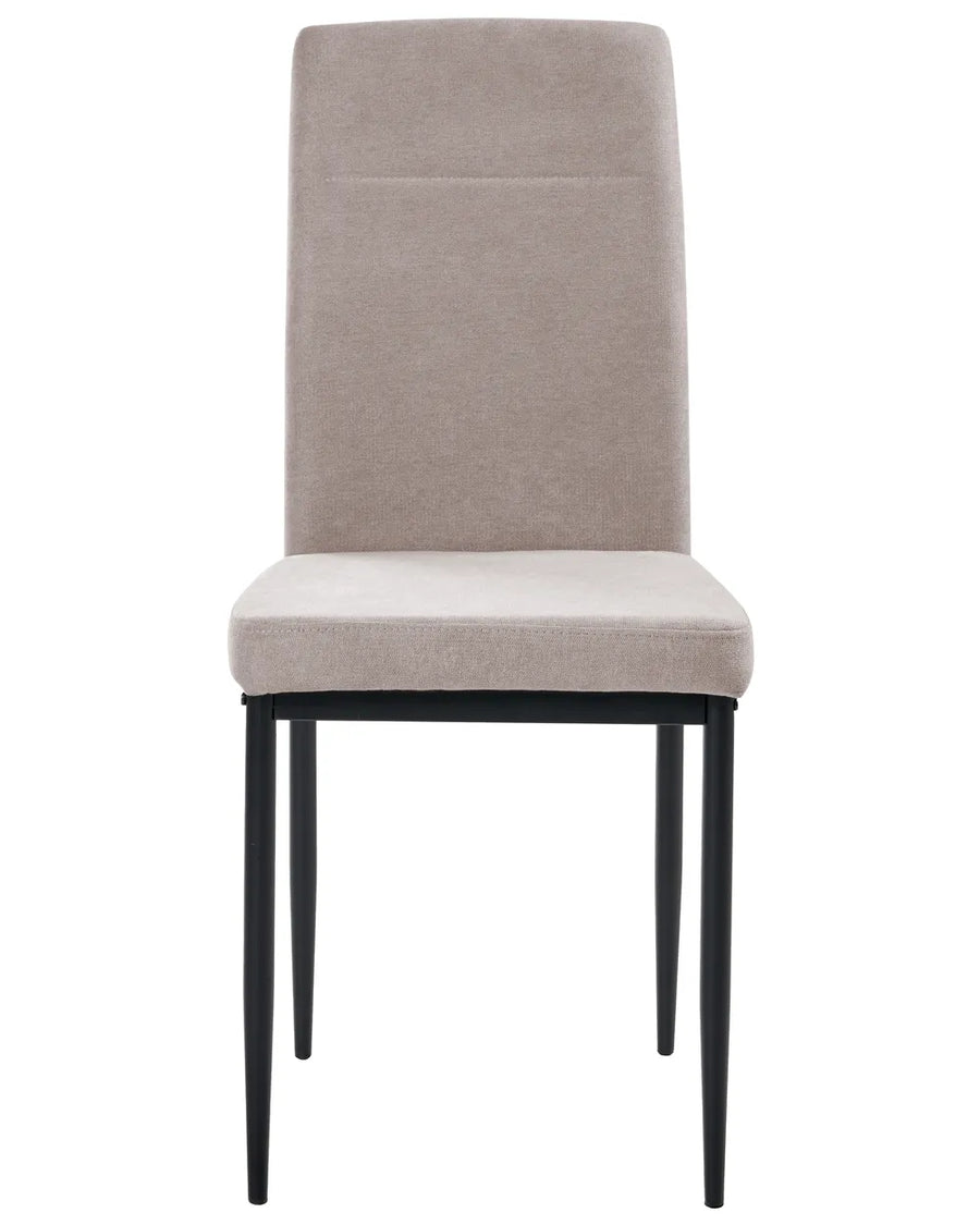 Taupe upholstered dining chair with a tall backrest and black metal legs.