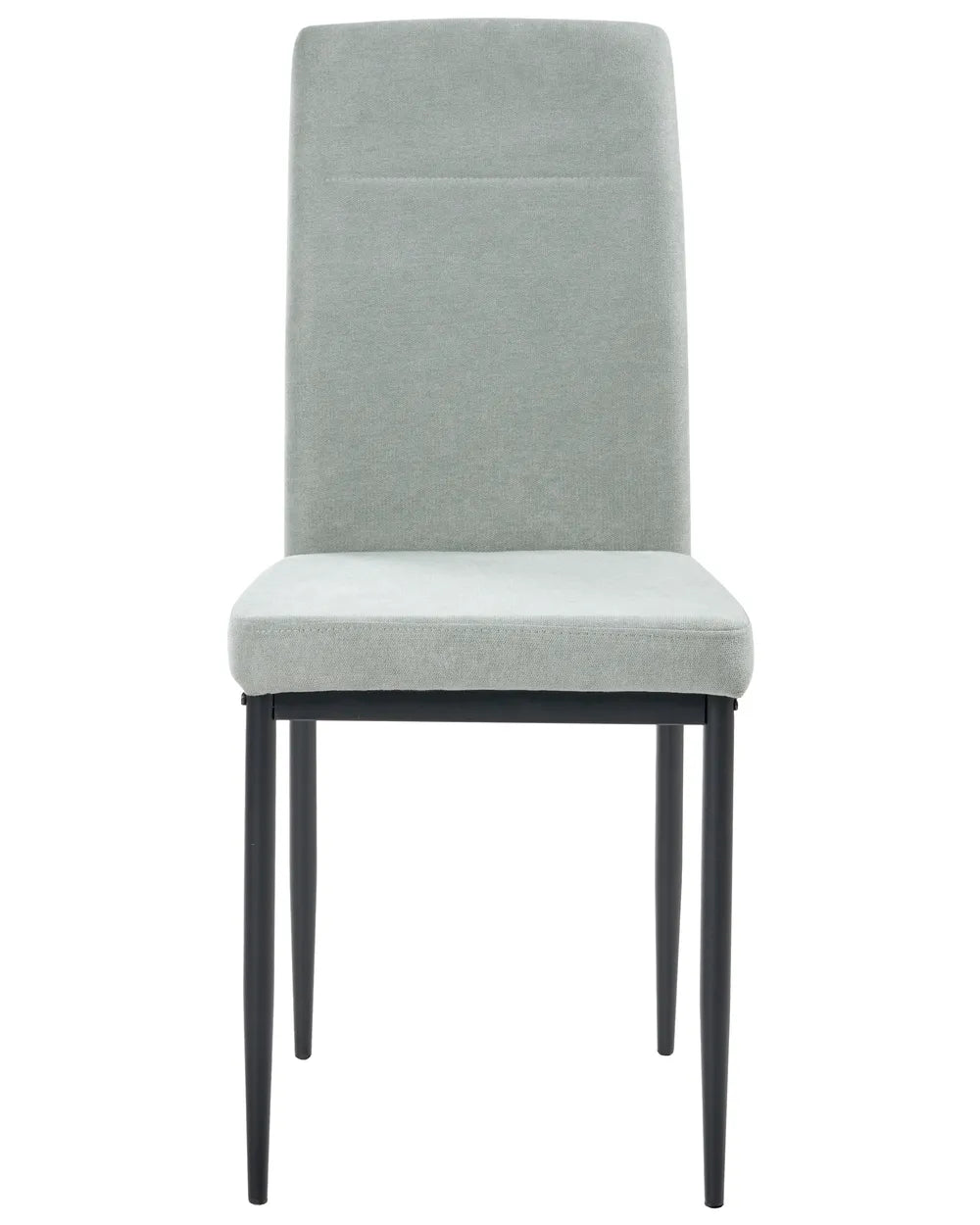 Light green upholstered dining chair with a tall backrest and black metal legs.