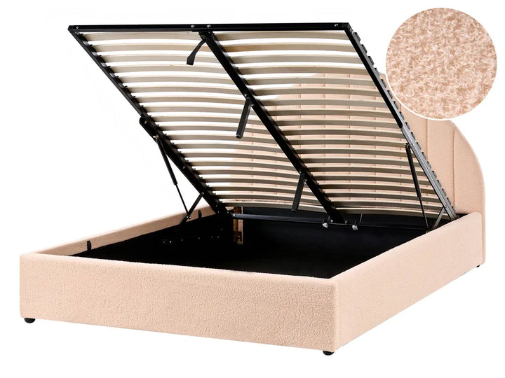 Beige upholstered bed frame with wooden slats on a white background