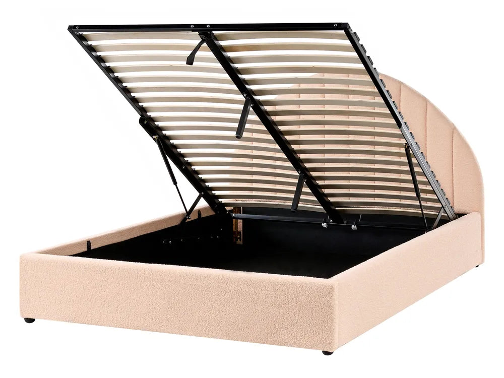 Beige bed frame with wooden slats on a white background