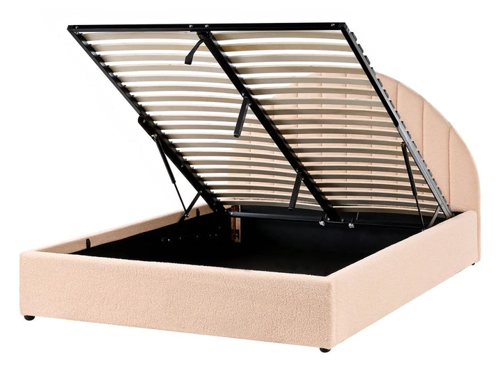 Beige bed frame with wooden slats on a white background