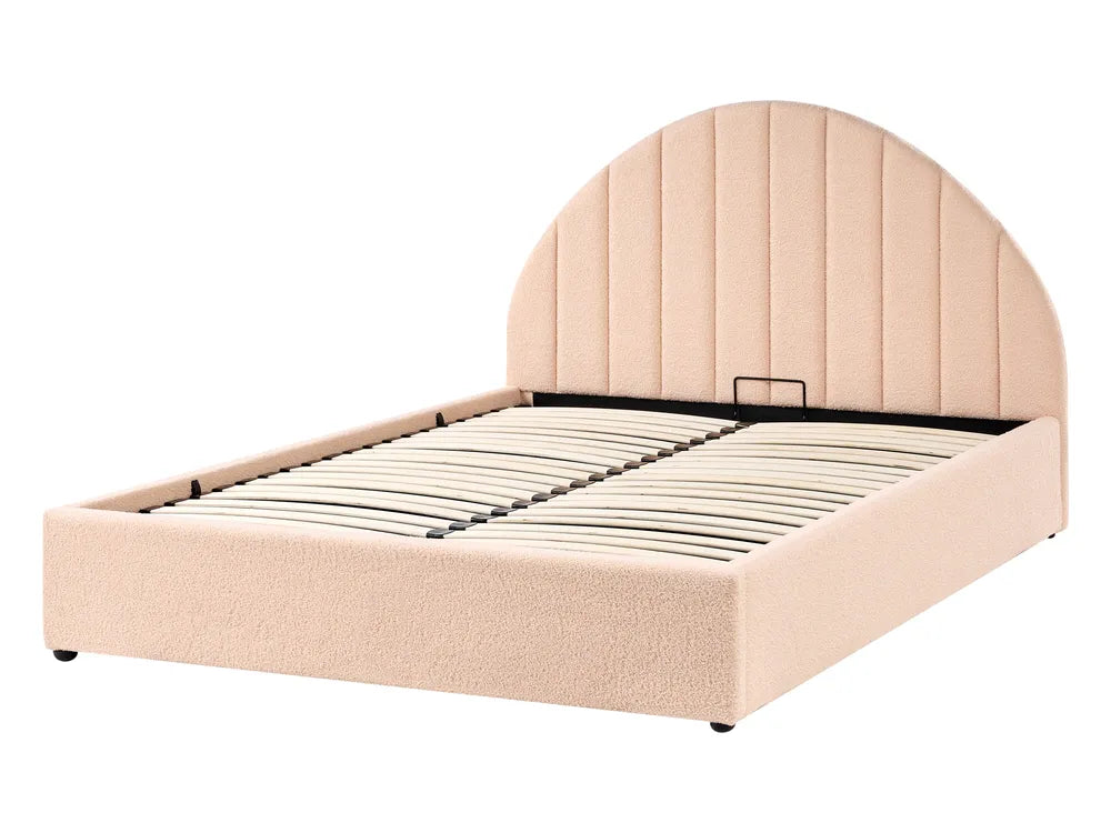 Beige upholstered bed with a curved headboard on a white background
