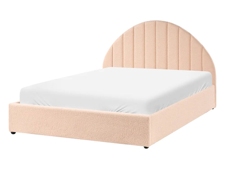 Beige bed frame with white mattress on a white background