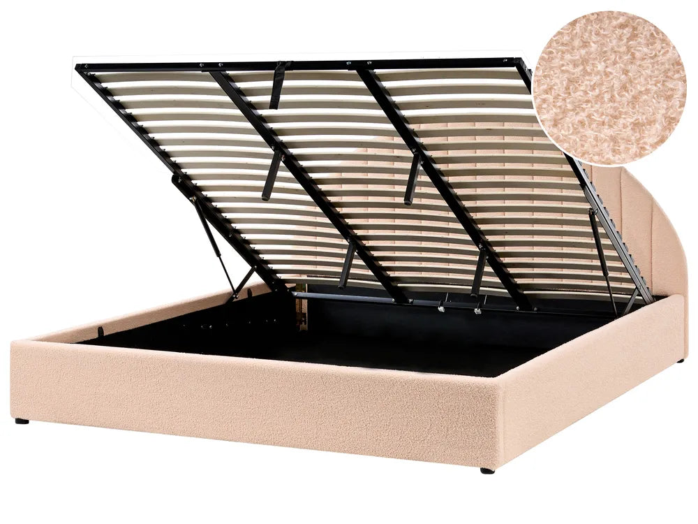 Beige bed frame with black metal slat support on a white background