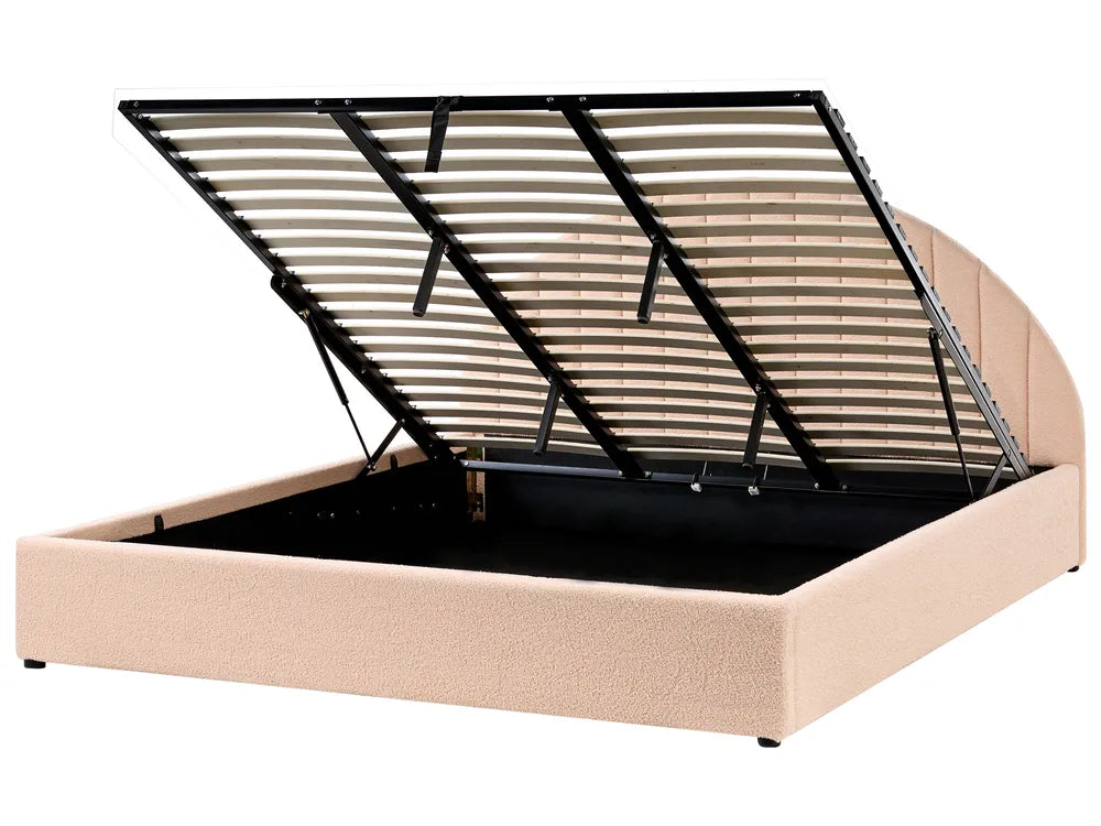 Beige bed frame with black metal slats on a white background