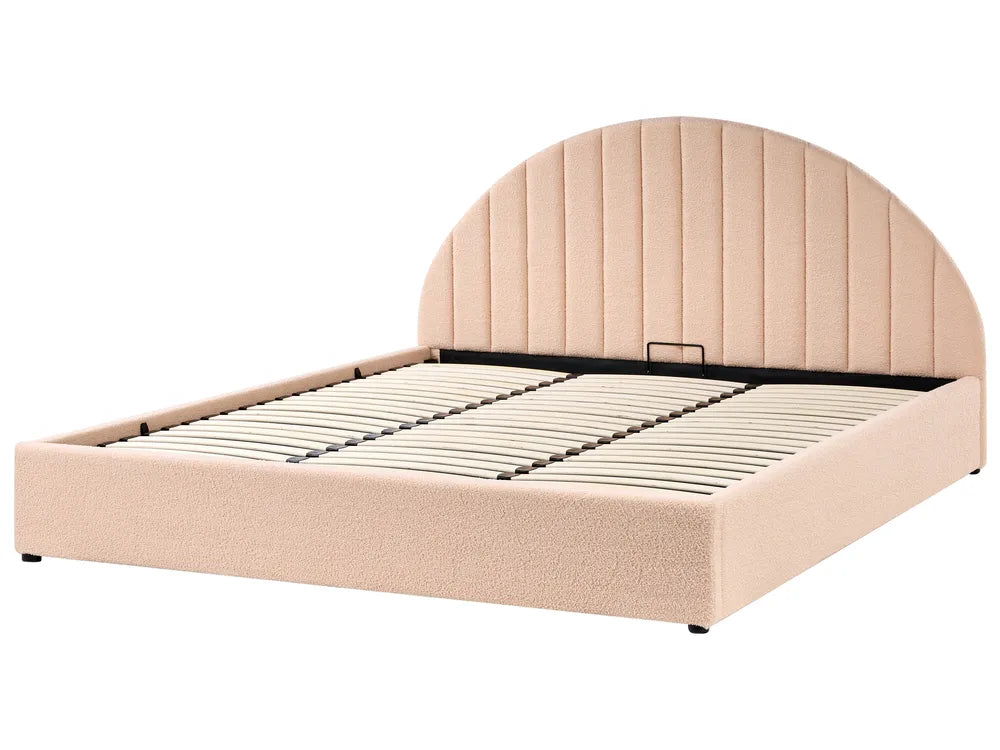 Beige upholstered bed with a curved headboard on a white background