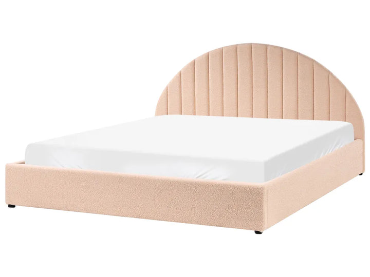 Beige bed frame with white mattress on a white background