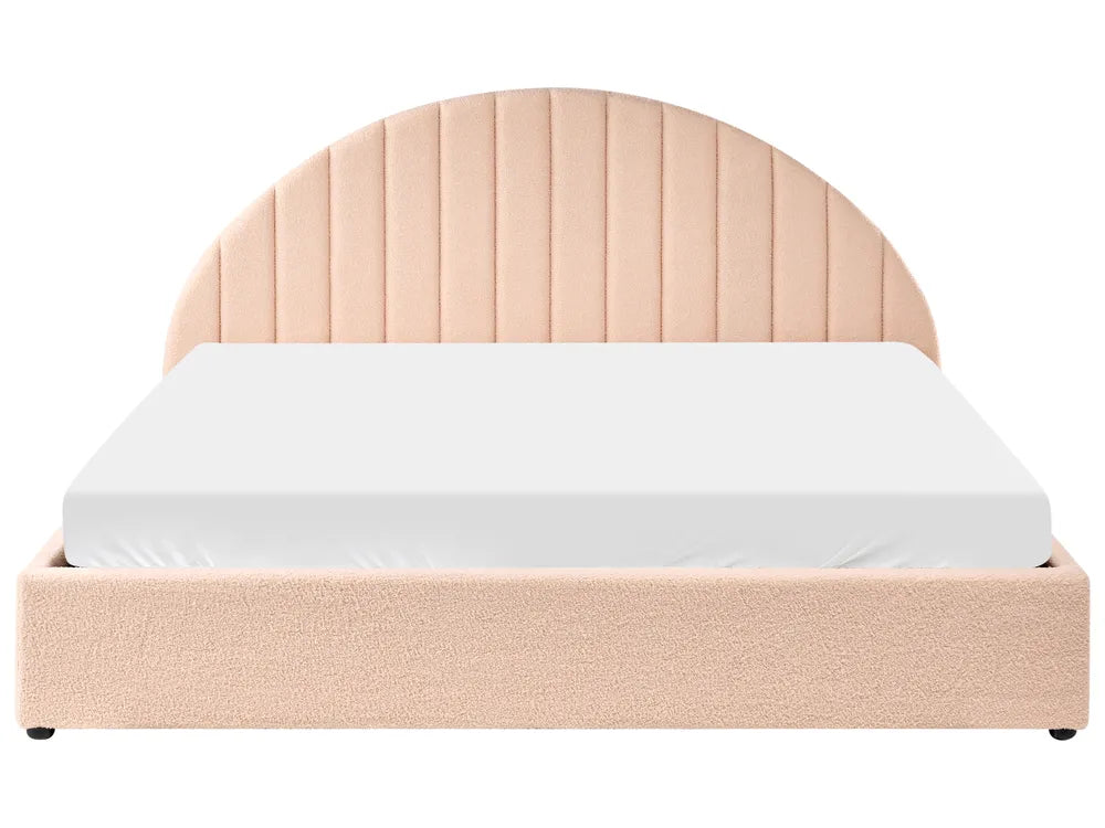 Beige bed frame with white mattress on a white background